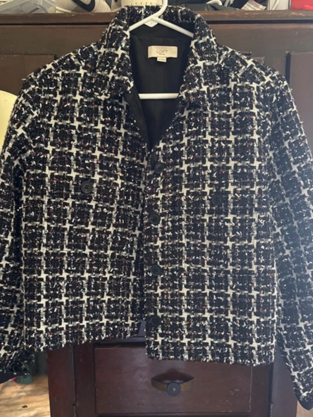 LOFT Black and White Tweed Cropped Blazer